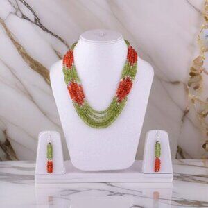 Carnelian, Peridot Sterling Silver Jewelry Set, Necklace & Earrings
